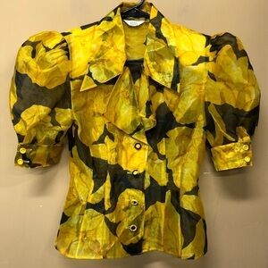 Vintage AuJus Yellow Black Floral Sheer Puffy Short Sleeve Button Front Blouse